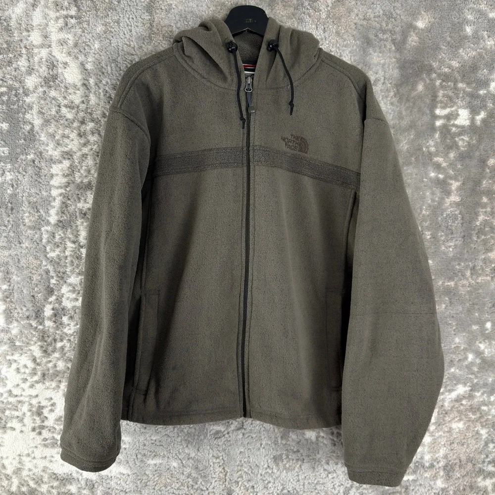 The North Face Size M Full Zip Hooded Fleece Jacket Olive Green Long Sleeve Mens